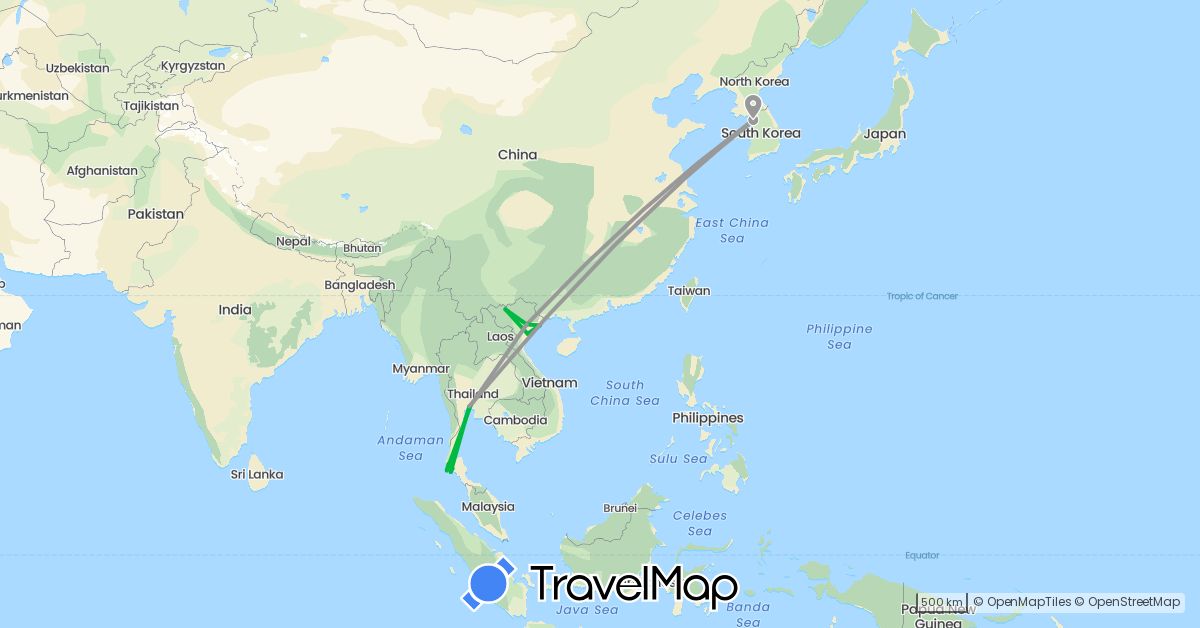 TravelMap itinerary: driving, bus, plane in South Korea, Thailand, Vietnam (Asia)